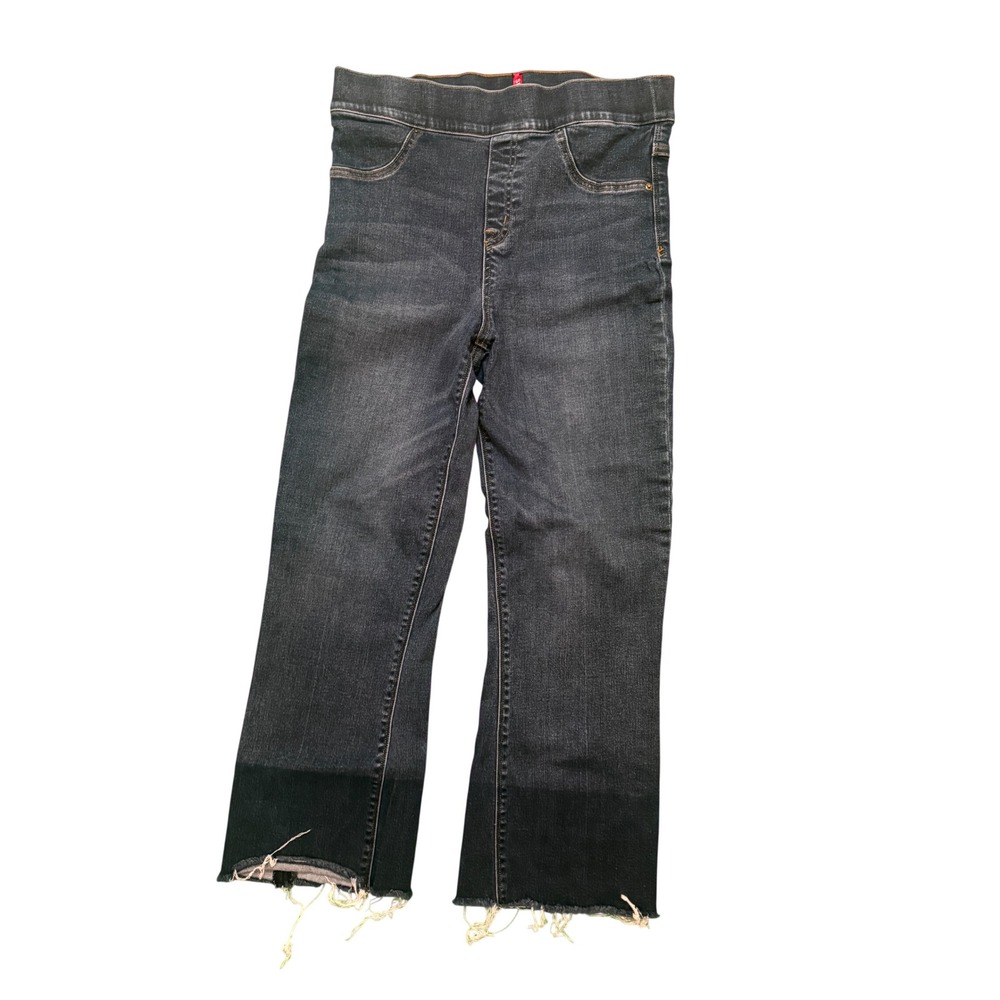Spanx Womens Cropped Flare Jeans Dark Wash Raw Hem Pull On Denim Size M